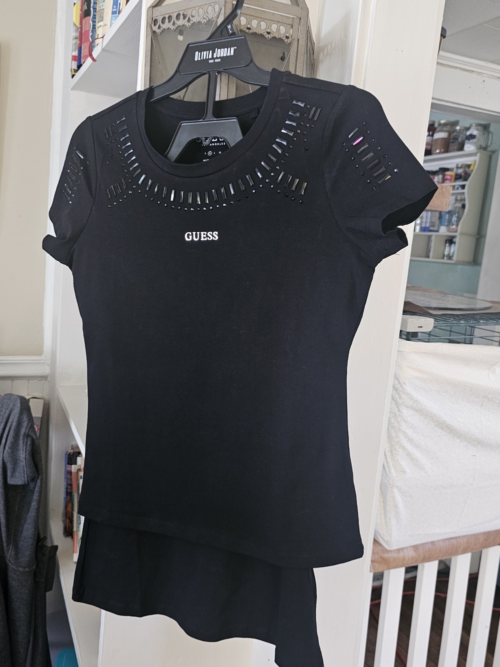 GUESS 2 Pc Black Laser-Cut Neck Short Sleeve Tee And Longer Tee.(159)